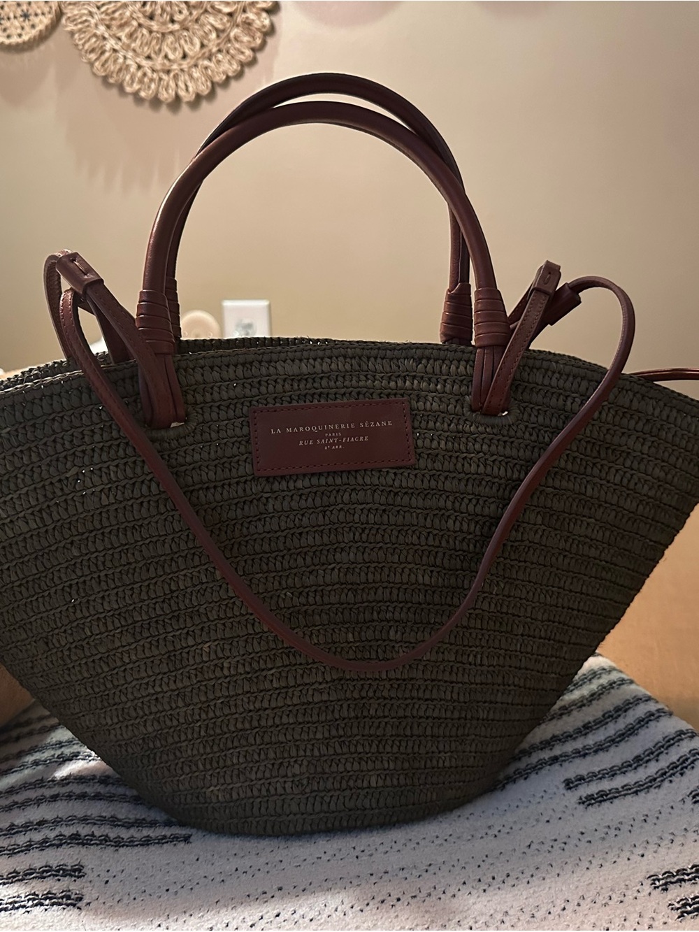 Sezane Justine Basket Bag Olive Green with Brown Leather Handles - Picture 3 of 4